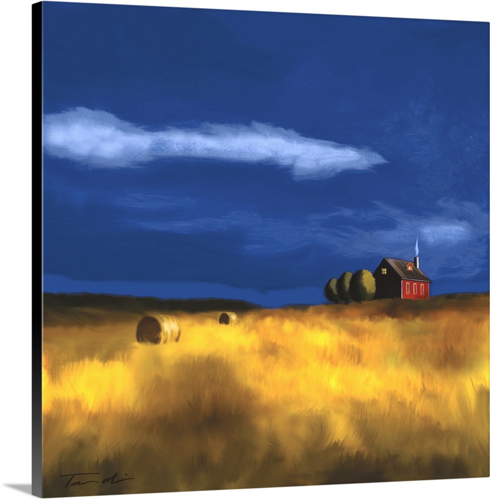 Painting of a red farmhouse in a wheat field with hay bales.