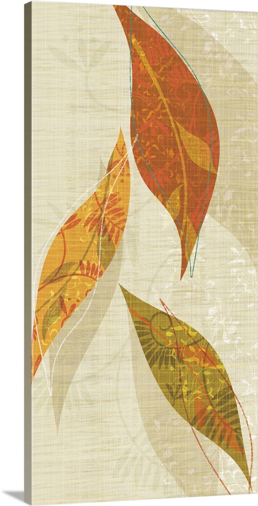 Vertical decorative artwork of modern leaves with patterned details in natural colors of orange, yellow and green.
