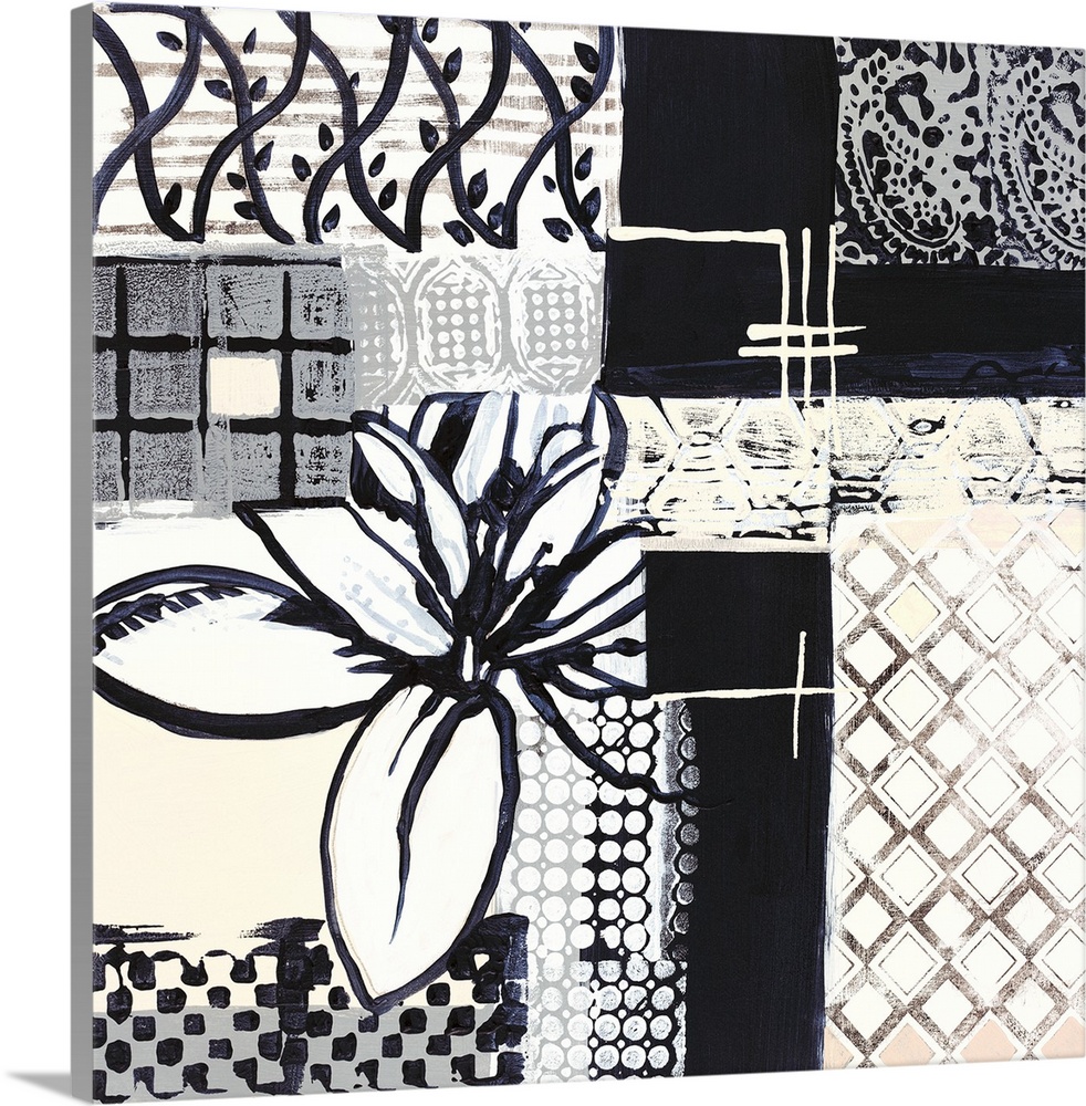 Black and white painting of squared shapes of varies patterns and a large flower on the left.