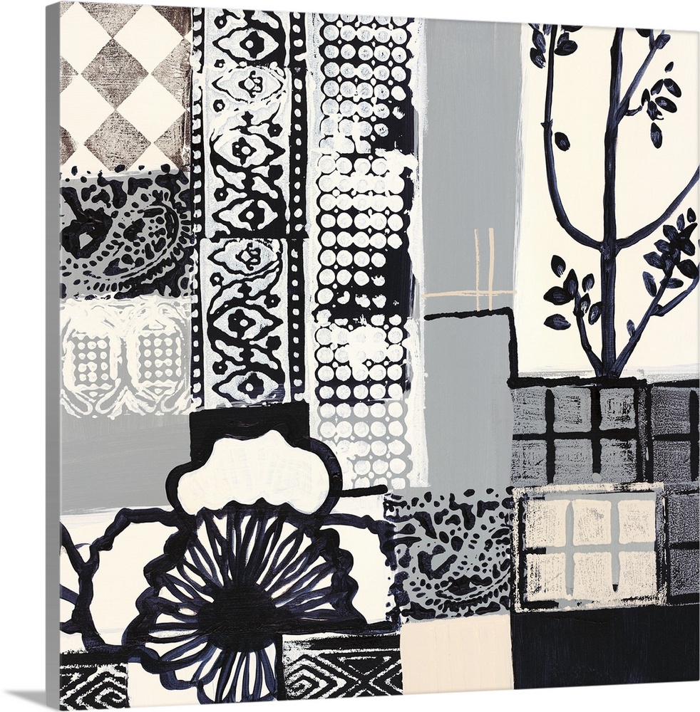 Black and white painting of squared shapes of varies patterns and a large flower on the left.