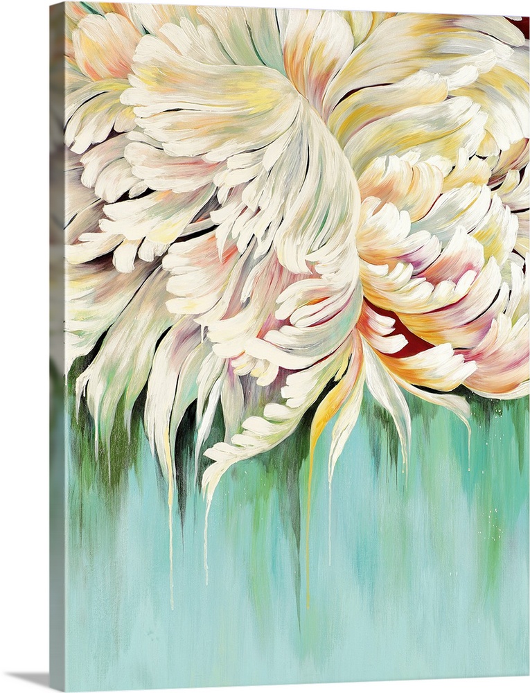 A complementary painting of a large white blooming flower, with hints of yellow and red.