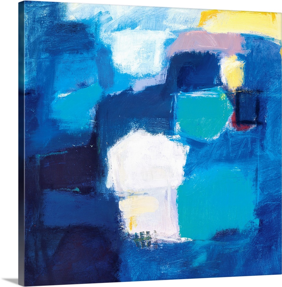 A modern abstract painting of square style shapes in shades of blue with accent colors of yellow and white.