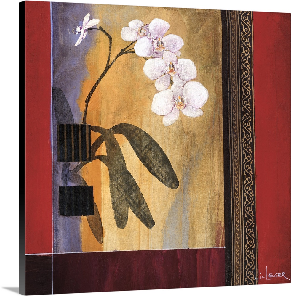 A contemporary square painting of white orchids with a square grid design.