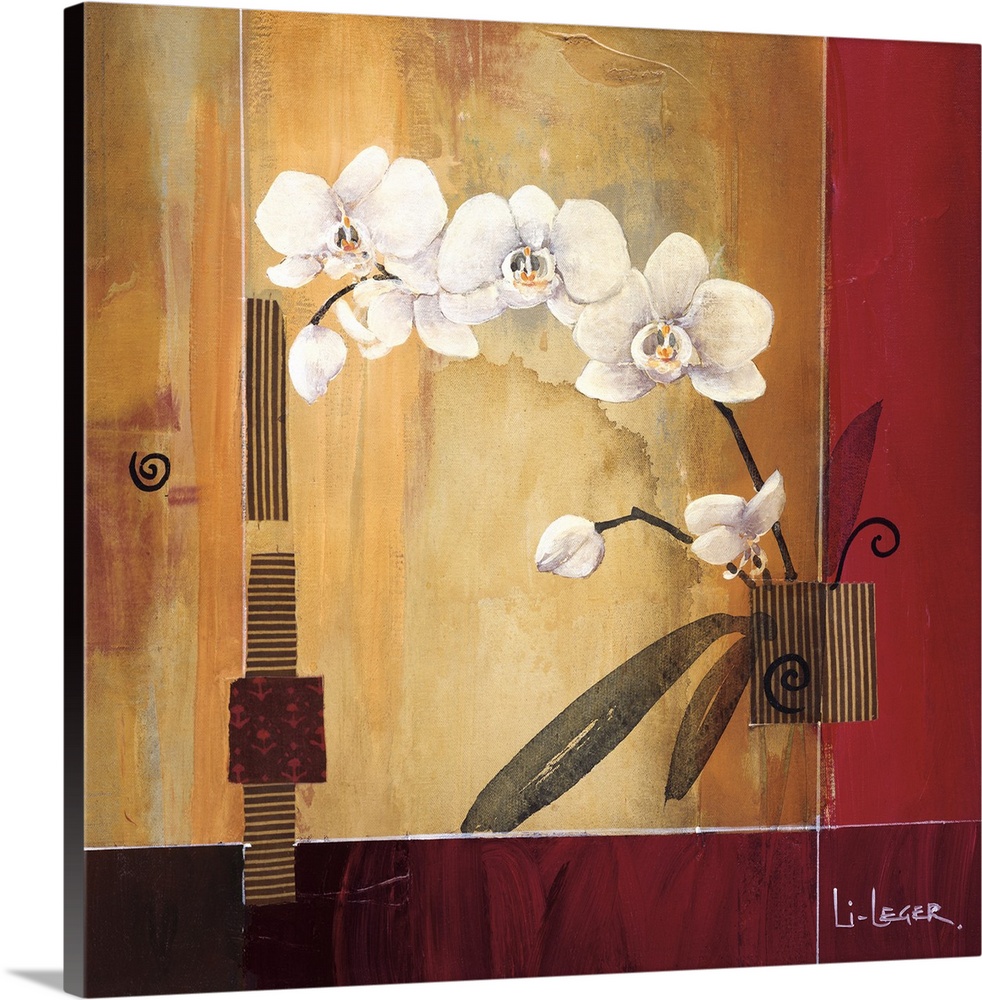 A contemporary painting of white orchids bordered with a square grid design.