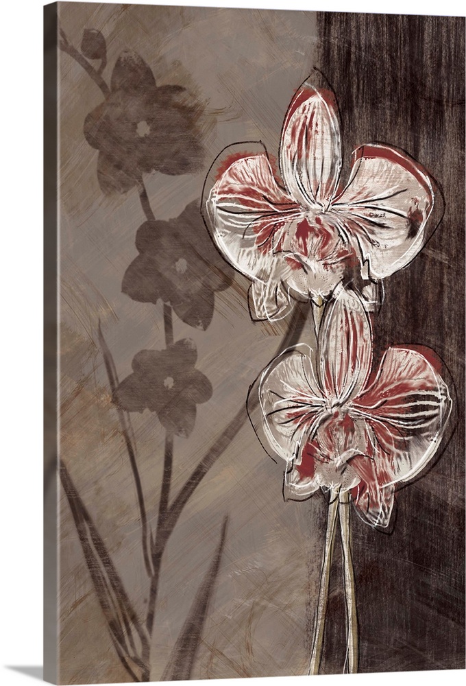 Vertical artwork of white and red orchids in a sketch style with a black border on the right.