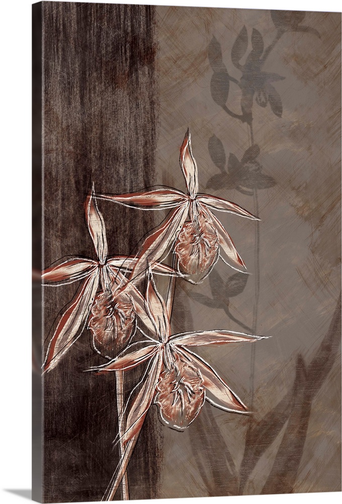 Vertical artwork of white and red orchids in a sketch style with a black border on the left.