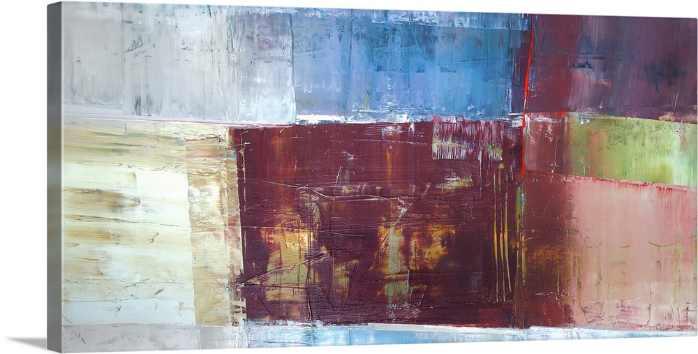 A horizontal abstract painting in textured colors of brown, blue and red in box shapes.