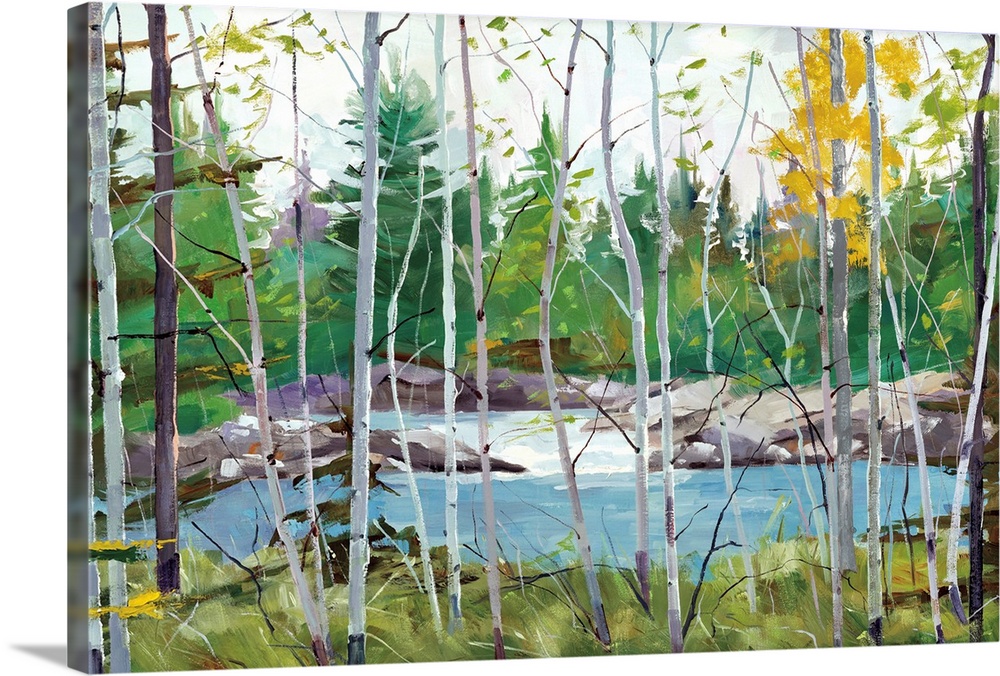 Contemporary painting of a rocky river with bare trees in the foreground and a forest full of green leaves in the background.