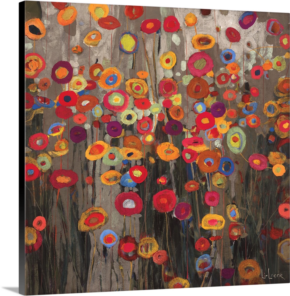 A square painting of a group of multi-colored poppies on a neutral backdrop.