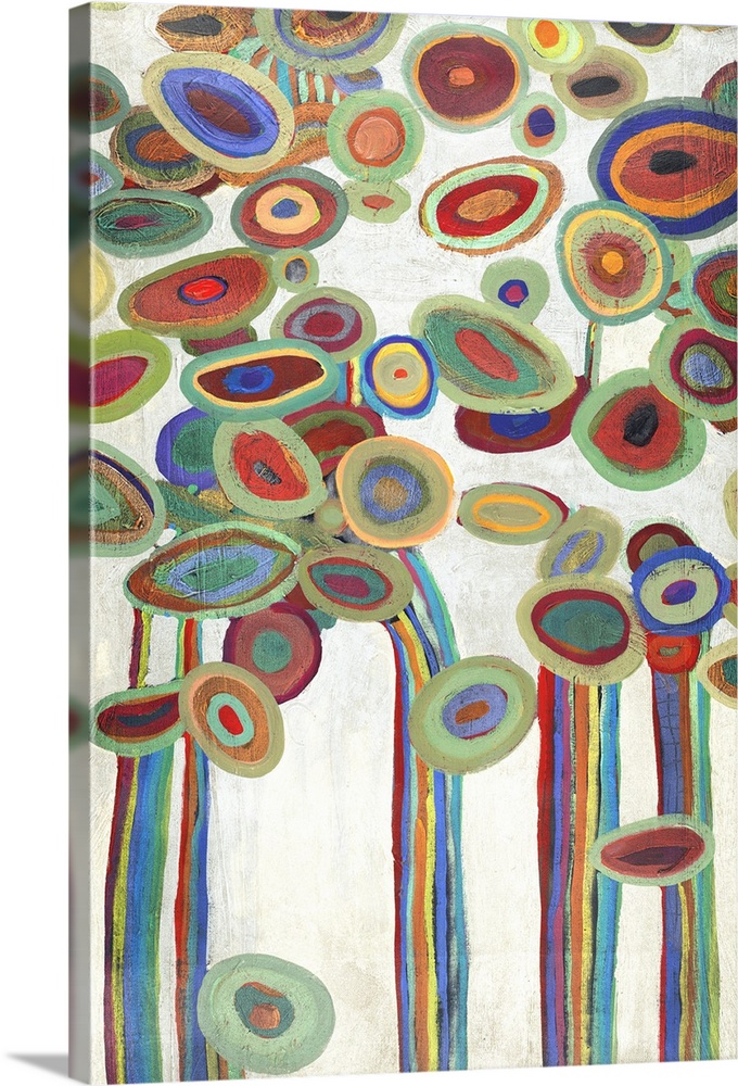 Vertical painting of a group of multi-colored circles against a neutral backdrop.