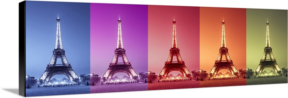A panoramic image of the Eiffel Tower in multiple bright colors.