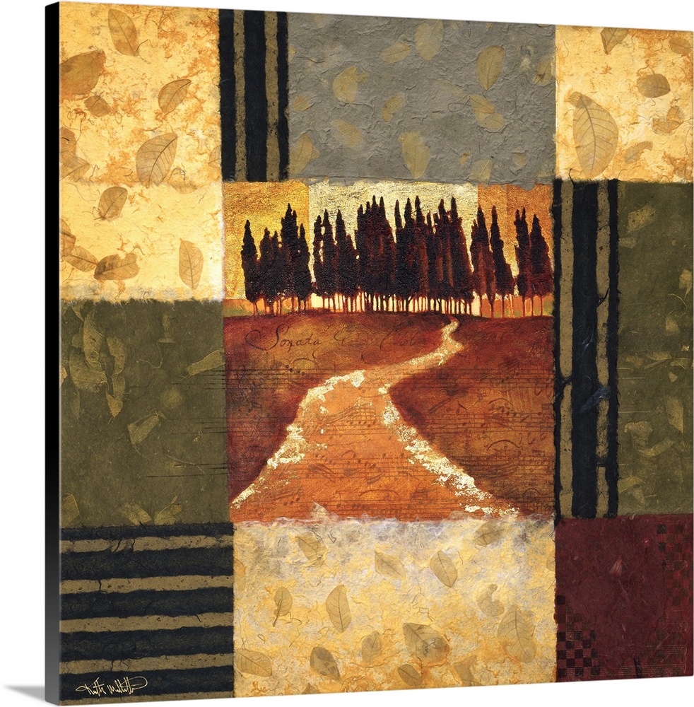 Square artwork of a landscape featuring a path leading to a row of trees surrounded by a multi-colored square border.