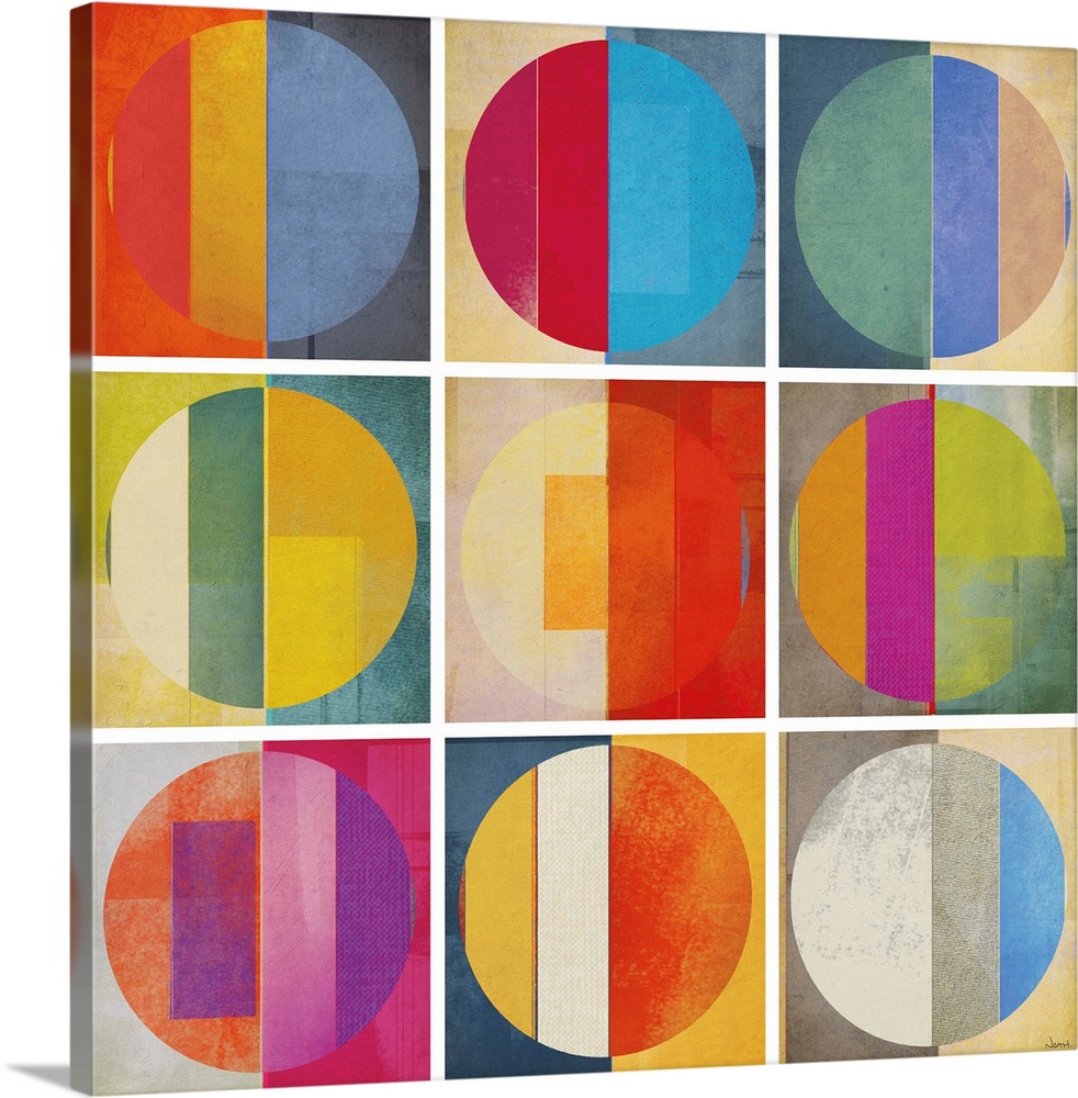 A square abstract of rows of multi-colored circles within boxes divided by white lines.