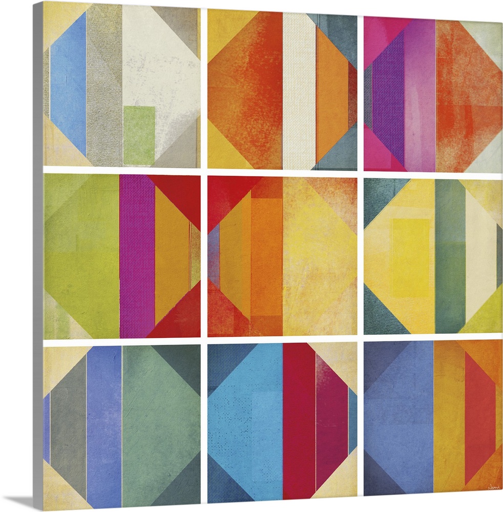 A square abstract of rows of multi-colored diamond shapes within boxes divided by white lines.