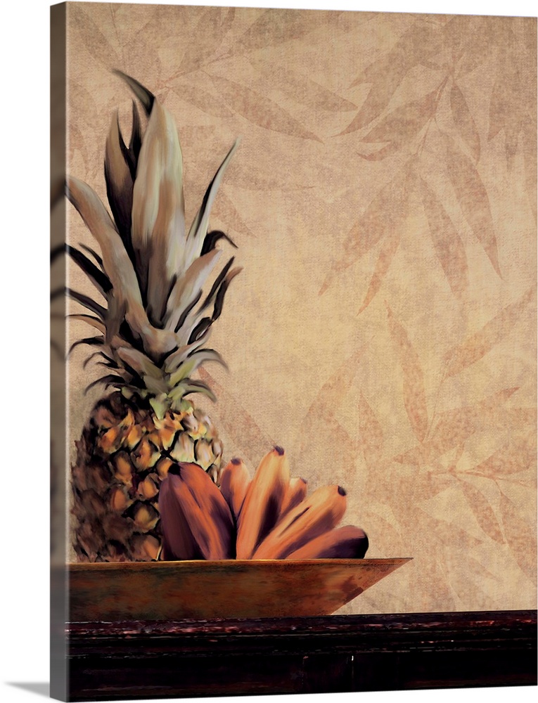 A vertical contemporary painting of bananas and a pineapple in a platter on a table, with a leaf patterned wall.
