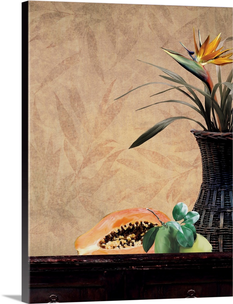 A vertical contemporary painting of papaya and a pear on a table, with a leaf patterned wall.