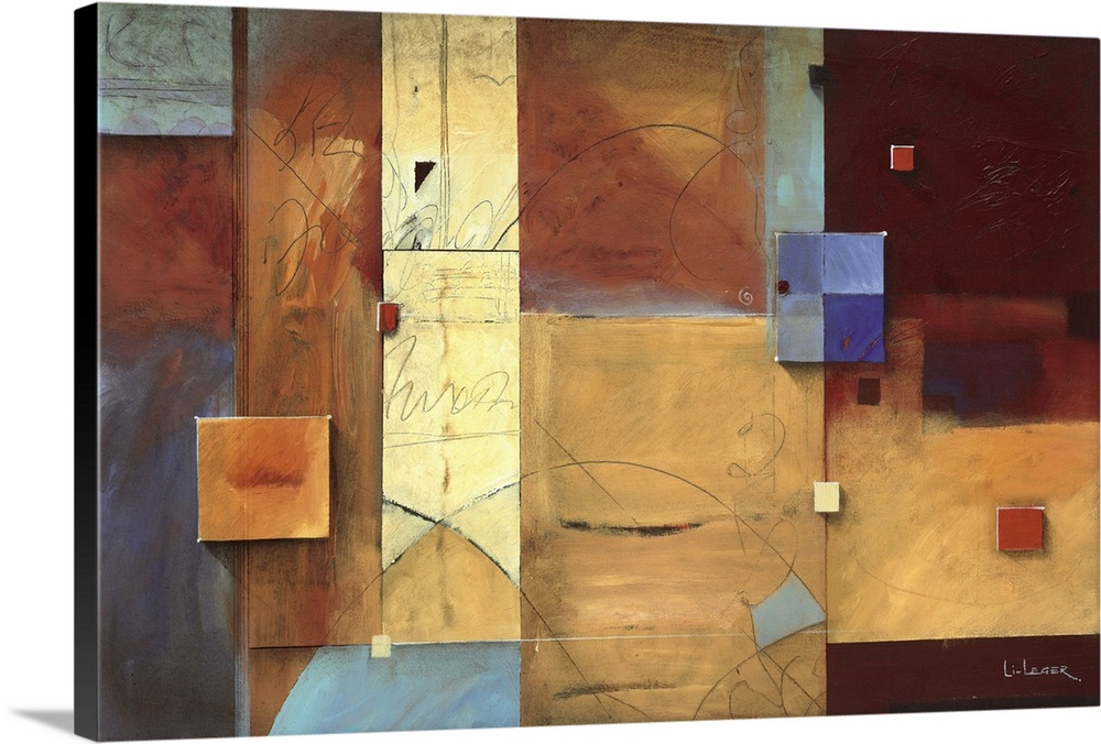 Abstract painting of squared shapes overlapped with fine lined elements all done in warm colors.