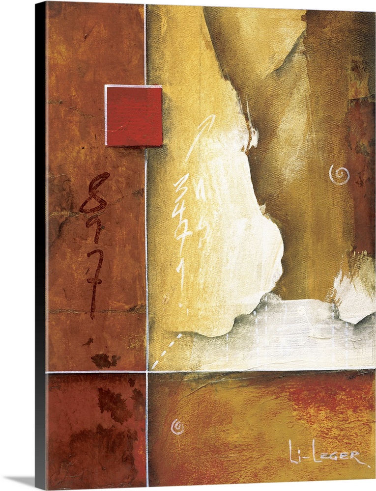 Vertical painting of distressed, textured elements bordered by a squared pattern design.