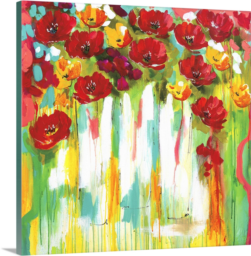 Square contemporary painting of a bunch of red and yellow poppies in vases.