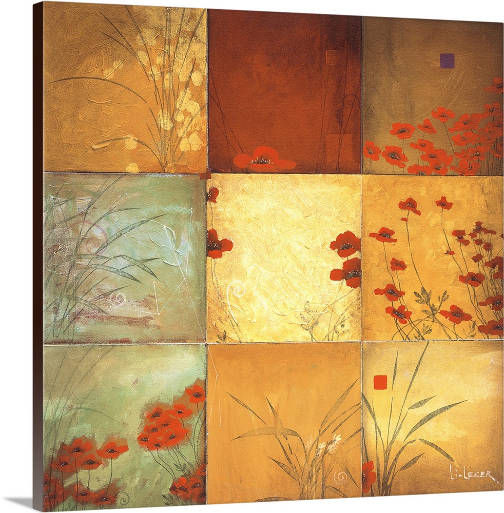 Square painting of nine images of poppies in different colors and views.
