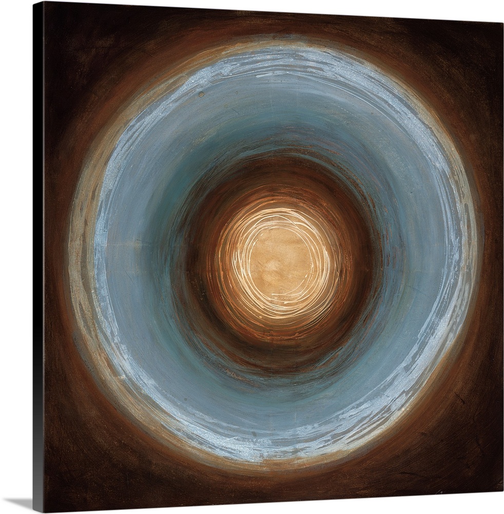 A square painting of textured circular rings in brown and blue with white accents.