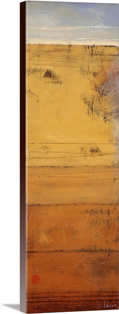 A long vertical abstract is textured shades of orange, yellow and gray.