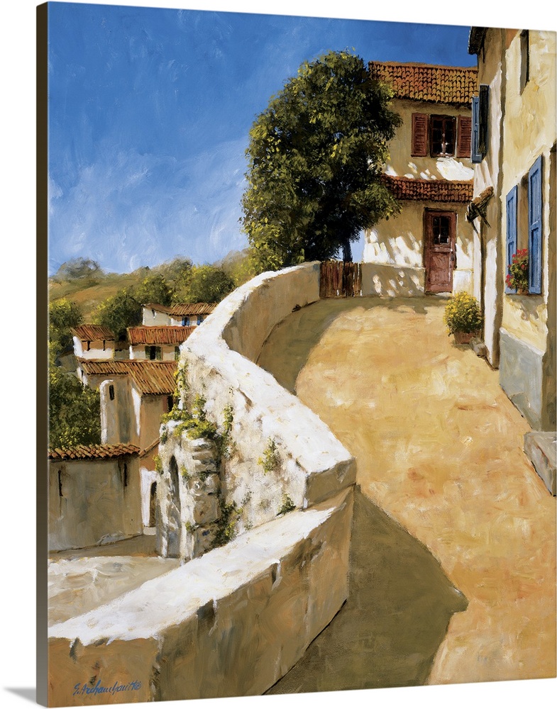 Painting of a walkway in a European village.