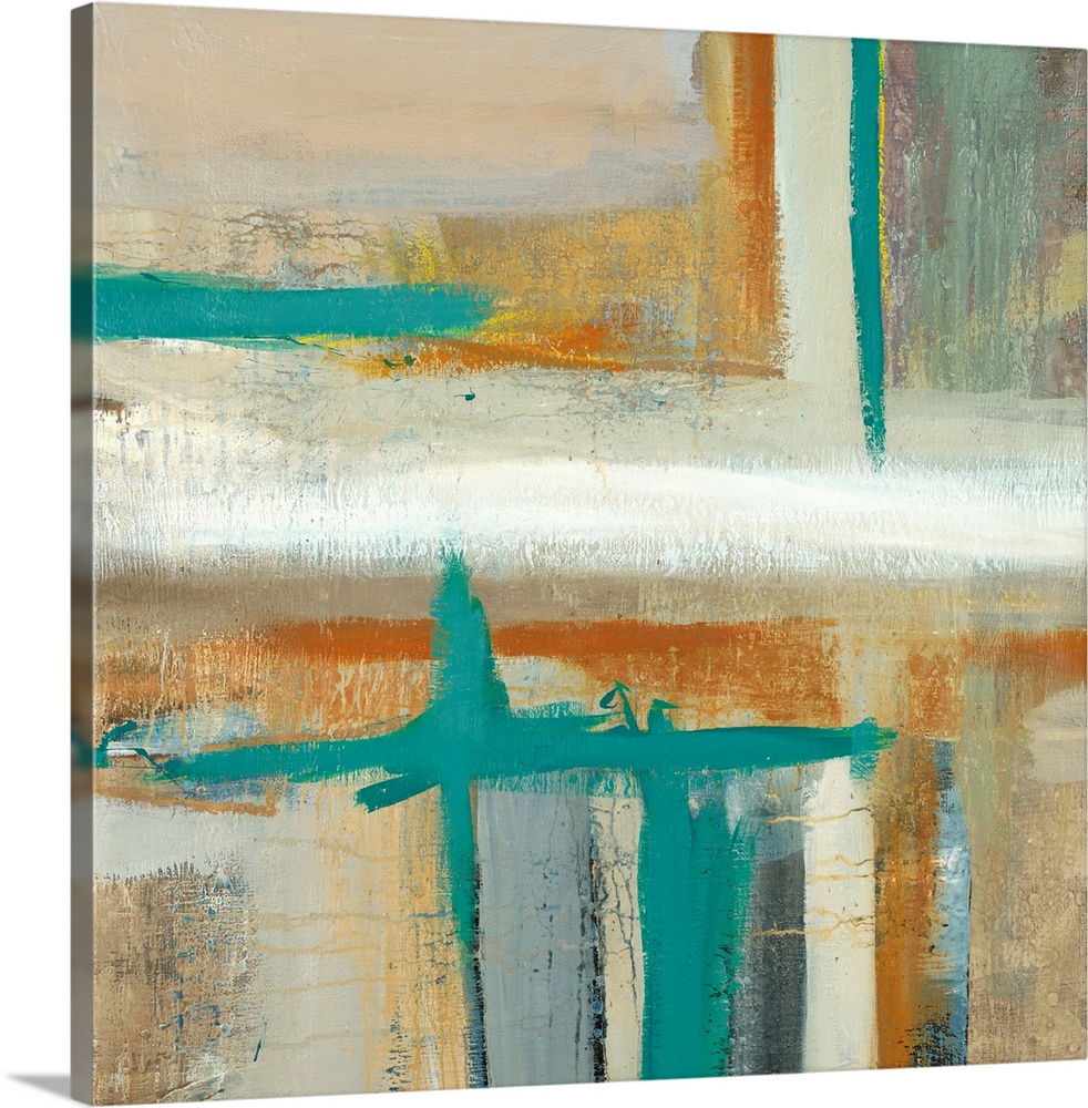 Square abstract painting of horizontal and vertical brush strokes in shades of teal, brown, gray and beige.