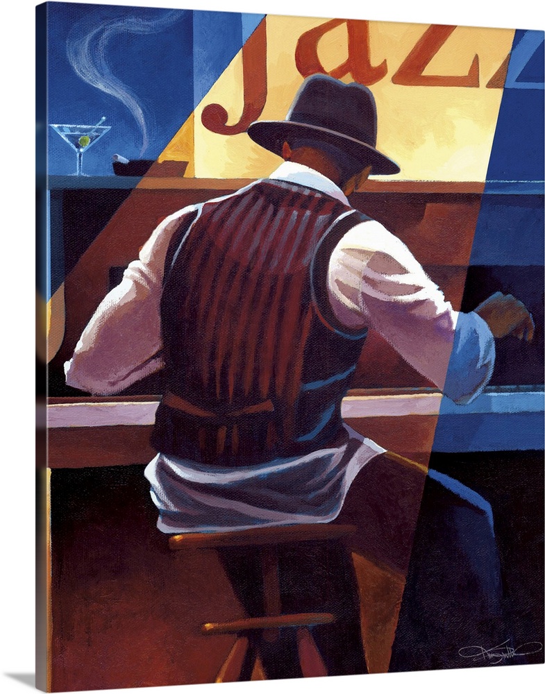 Contemporary painting of a jazz musician playing the piano.