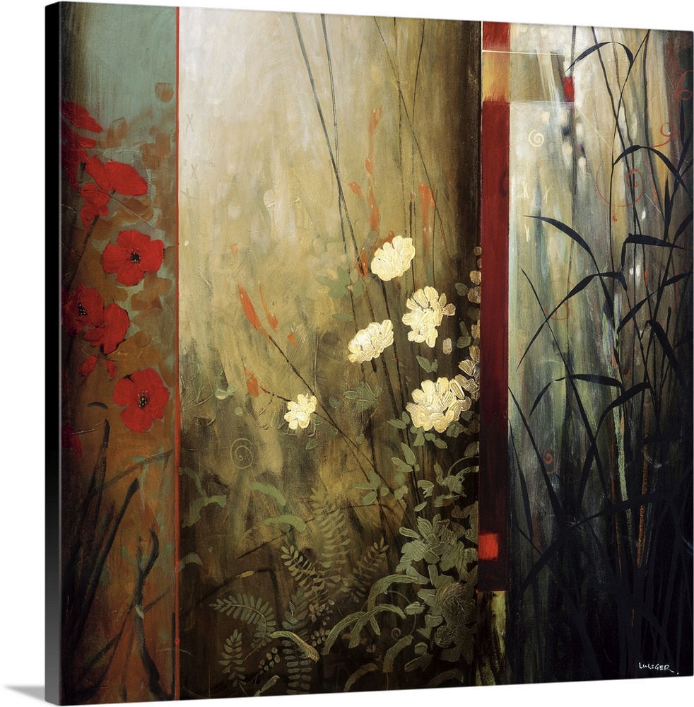 A contemporary painting of red and white flowers separated in a paneled design.