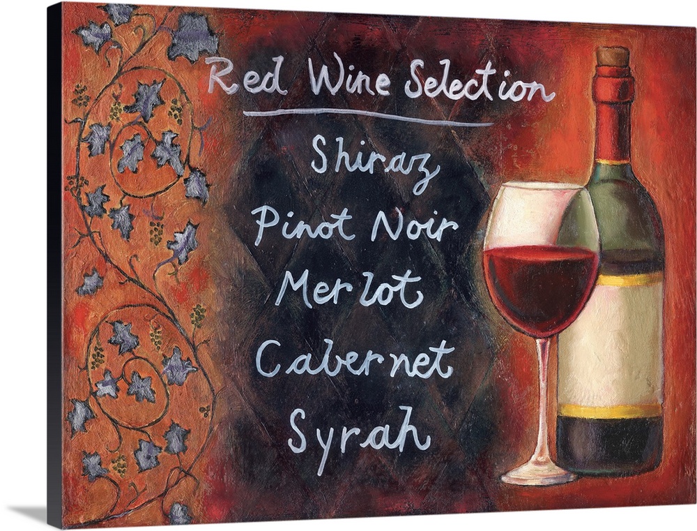 A list of red wine options next to a wine glass and bottle with a red background.