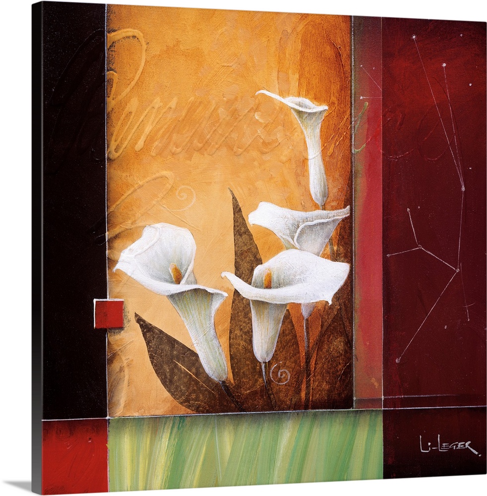 A contemporary painting of white calla lilies bordered with a square grid design.