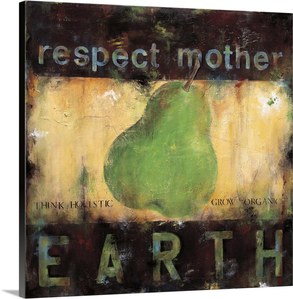 Square design of a pear with the text "Respect Mother Earth" and a rustic effect.