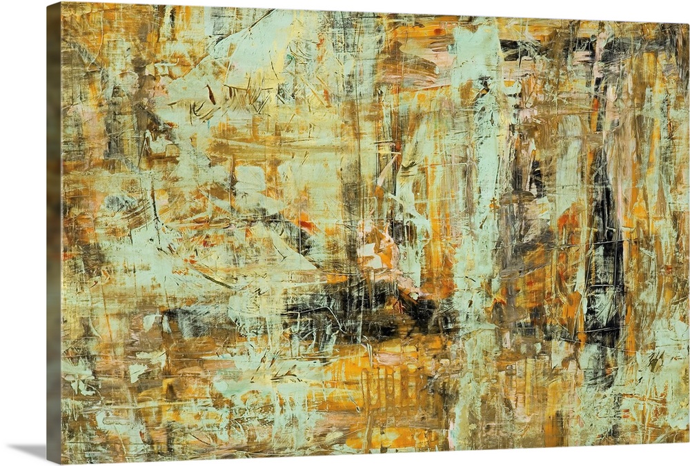 Horizontal abstract in a textured paint of colors of yellow, brown and gray.
