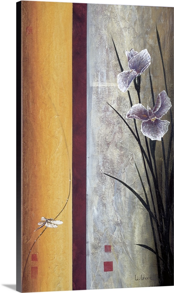 A contemporary painting of purple irises and a border on the left with a dragonfly.