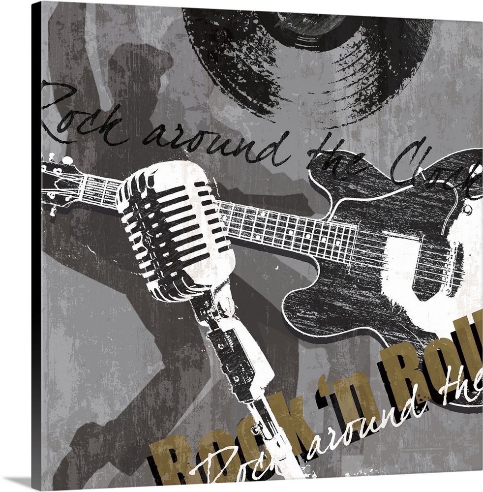 A square Rock and Roll theme wall art with guitar, record, microphone and Elvis.