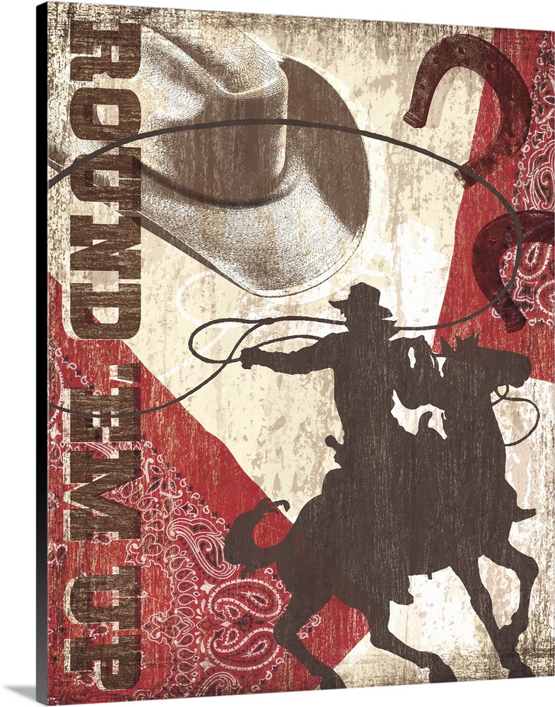 "Round'Em Up" artwork with cowboy hat, horseshoes, bandana and a man riding a horse.