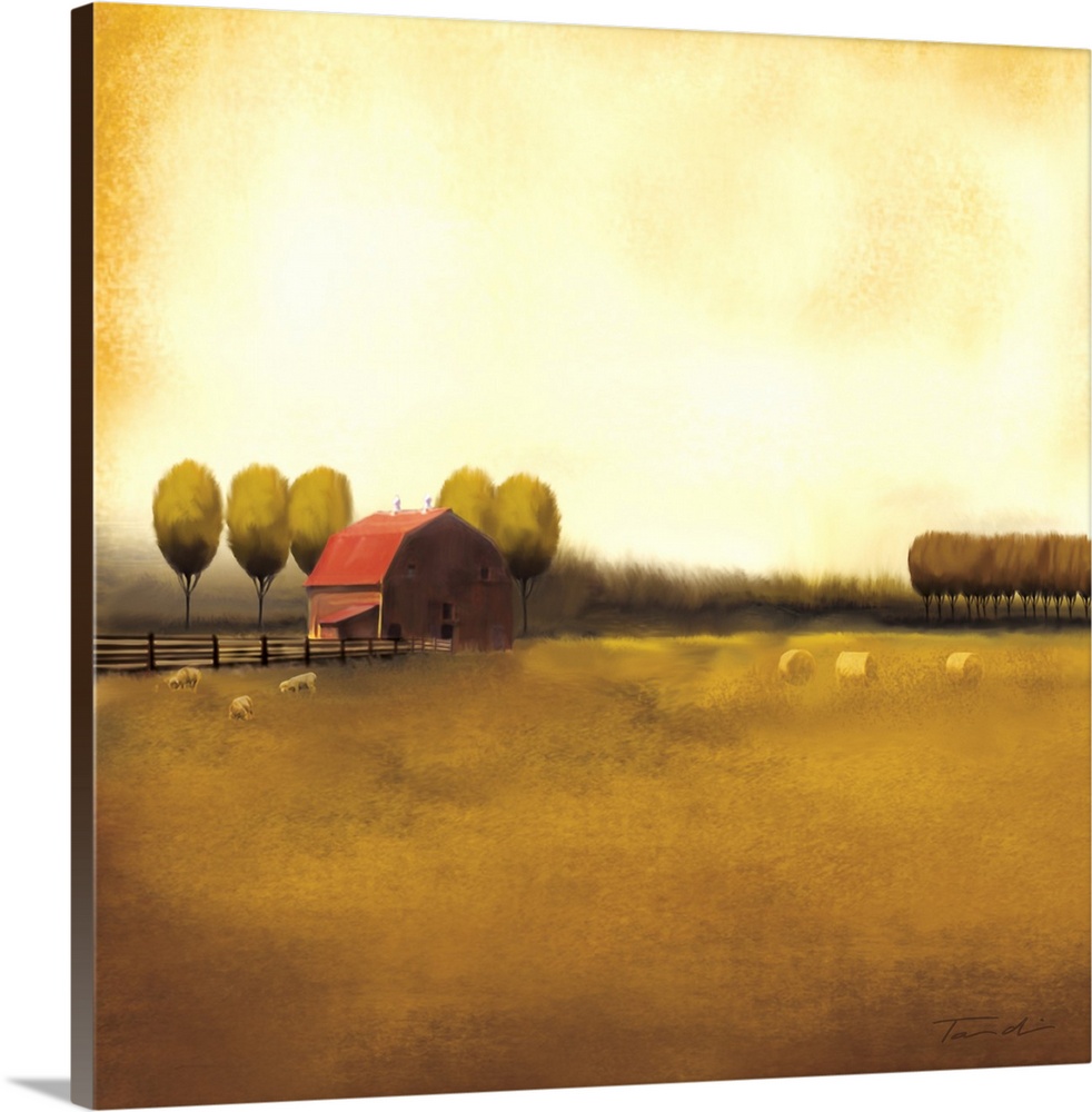 Contemporary painting of a small red barn in the countryside at sunset.