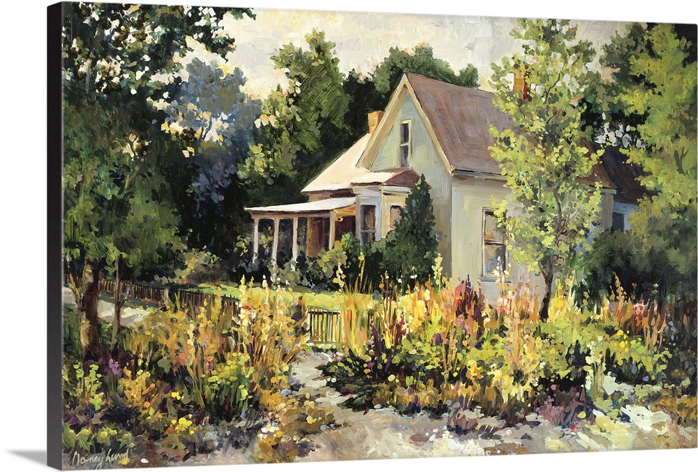 Traditional complementary painting of a house with a blooming garden of flowers in the rural countryside.