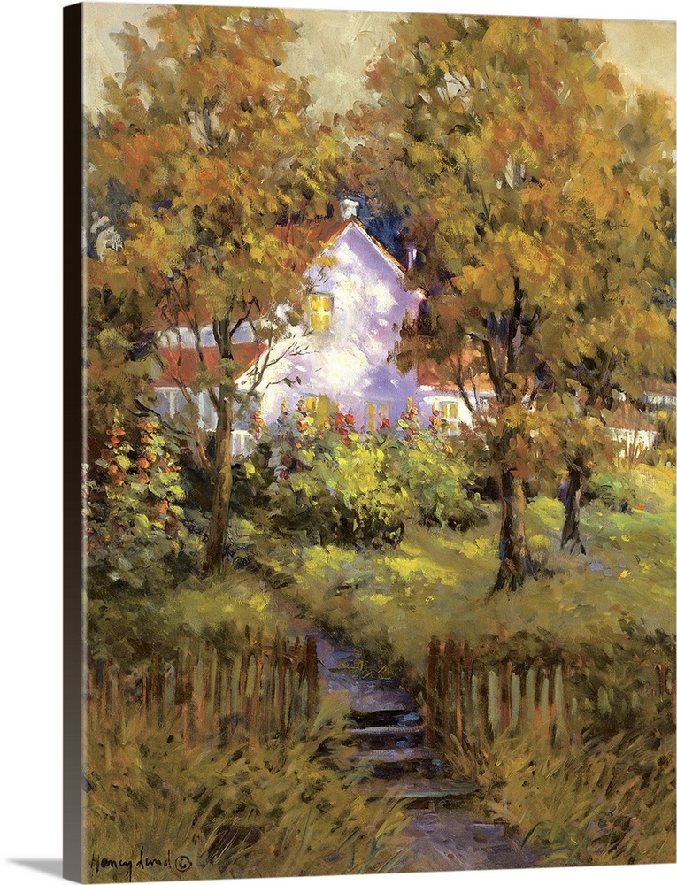 A contemporary painting of a white house with a wooded fence in the countryside.