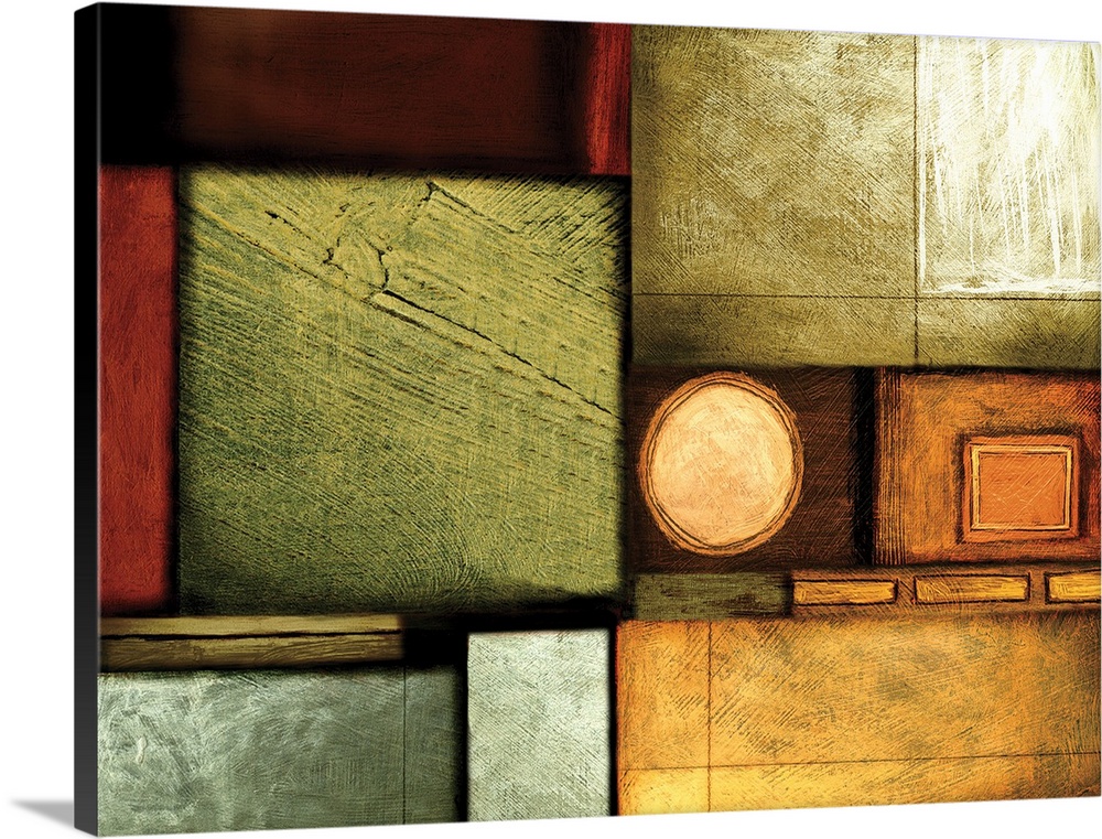 Abstract painting of squared shapes overlapped with circular elements  done in warm earth tones.