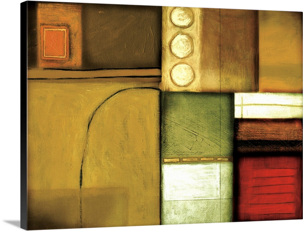 Abstract painting of squared shapes overlapped with circular elements  done in warm earth tones.