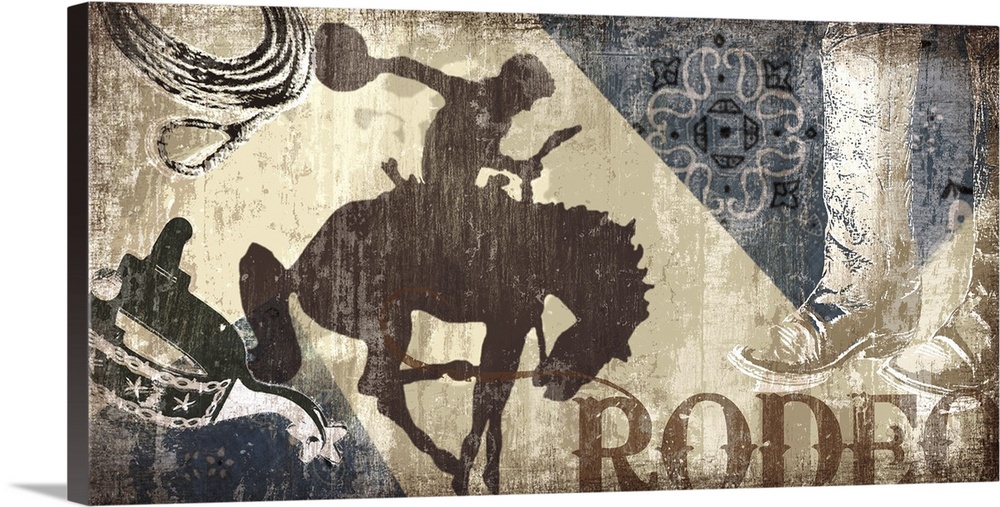 "Rodeo" artwork with cowboy boots, spurs, rope and a man riding a horse.