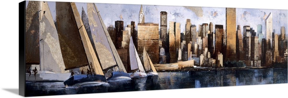 A horizontal painting of sail boats on the Hudson River with the New York cityscape behind.