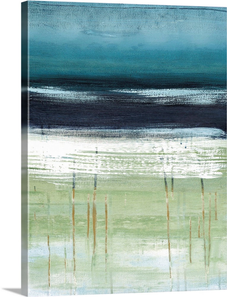 A modern abstract landscape of a beach scene in bold brush strokes of  gray green and blue.