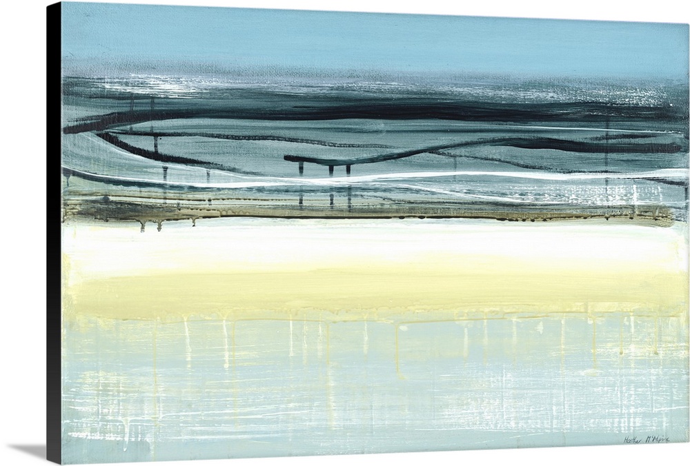 A modern abstract landscape of a beach scene in bold brush strokes of  gray, yellow and blue.