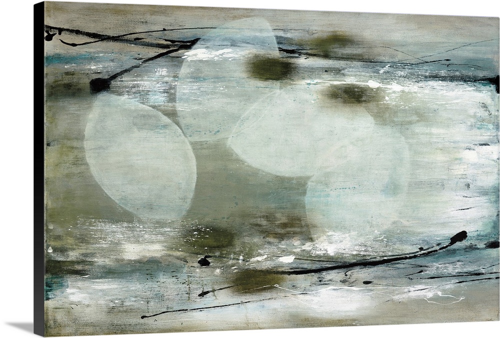 An abstract painting in neutral tones with fine black and white lines and textured strokes.