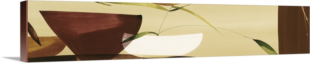 A long horizontal painting in a modern design of plant in a bowl on a neutral backdrop.