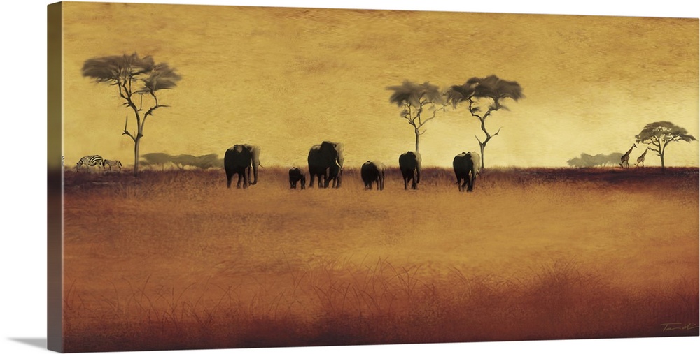 Painting of the African plains with animals in the distance.
