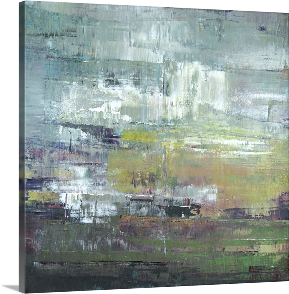 Square abstract painting in shades of green and gray.